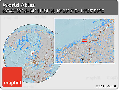 Gray Location Map of the Area around 64° 0' 52" N, 11° 7' 30" E, hill shading