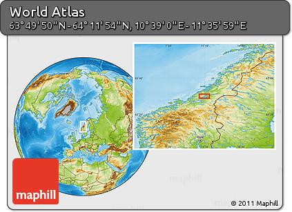 Physical Location Map of the Area around 64° 0' 52" N, 11° 7' 30" E