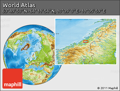 Physical Location Map of the Area around 64° 0' 52" N, 11° 7' 30" E