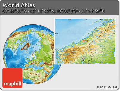 Physical Location Map of the Area around 64° 0' 52" N, 11° 7' 30" E