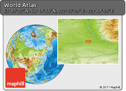 Physical Location Map of the Area around 64° 0' 52" N, 123° 19' 29" E
