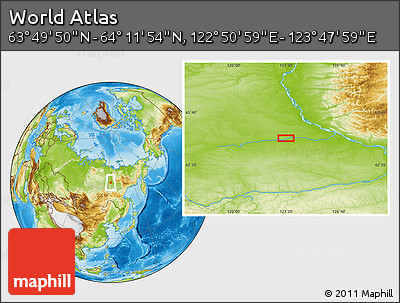 Physical Location Map of the Area around 64° 0' 52" N, 123° 19' 29" E