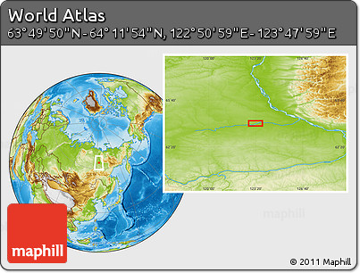 Physical Location Map of the Area around 64° 0' 52" N, 123° 19' 29" E