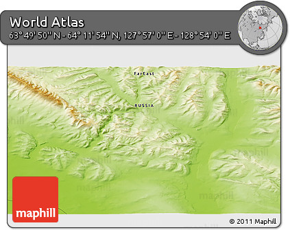 Physical 3D Map of the Area around 64° 0' 52" N, 128° 25' 30" E