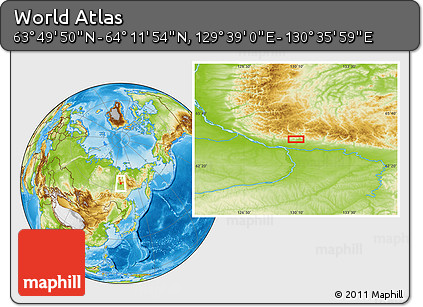 Physical Location Map of the Area around 64° 0' 52" N, 130° 7' 30" E