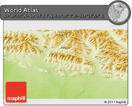 Physical 3D Map of the Area around 64° 0' 52" N, 130° 58' 29" E