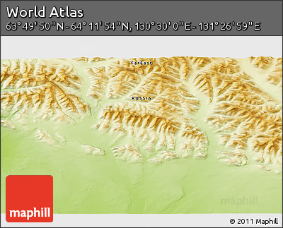 Physical 3D Map of the Area around 64° 0' 52" N, 130° 58' 29" E