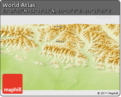 Physical 3D Map of the Area around 64° 0' 52" N, 130° 58' 29" E