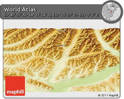 Physical 3D Map of the Area around 64° 0' 52" N, 132° 40' 30" E