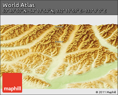 Physical 3D Map of the Area around 64° 0' 52" N, 132° 40' 30" E