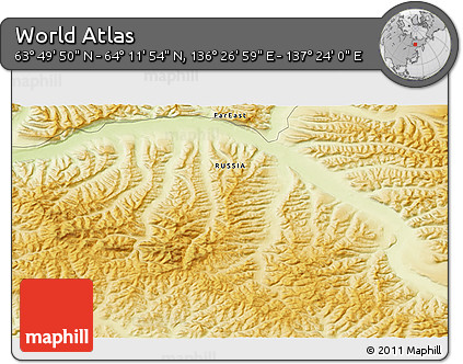Physical 3D Map of the Area around 64° 0' 52" N, 136° 55' 30" E