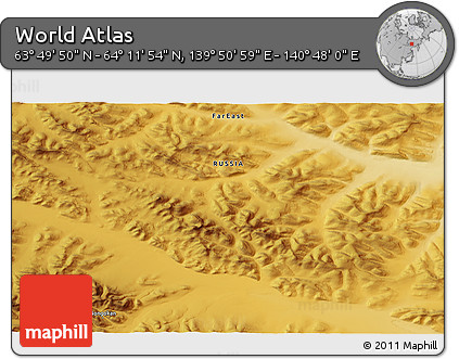 Physical 3D Map of the Area around 64° 0' 52" N, 140° 19' 29" E