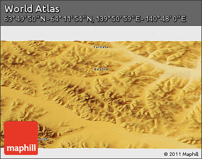 Physical 3D Map of the Area around 64° 0' 52" N, 140° 19' 29" E