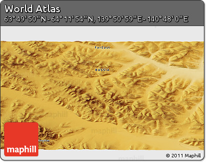 Physical 3D Map of the Area around 64° 0' 52" N, 140° 19' 29" E