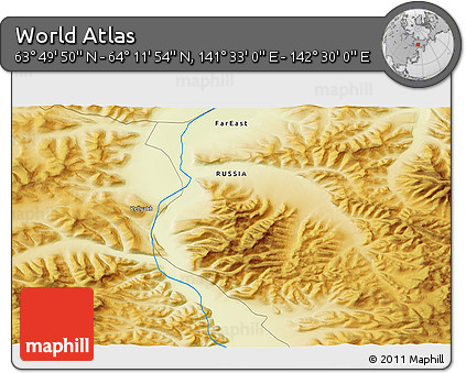 Physical 3D Map of the Area around 64° 0' 52" N, 142° 1' 30" E