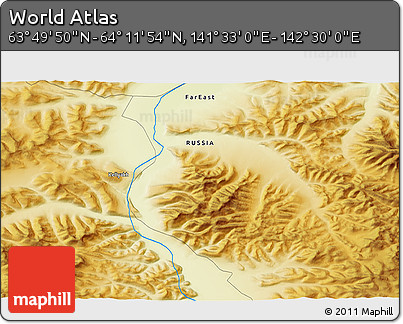 Physical 3D Map of the Area around 64° 0' 52" N, 142° 1' 30" E