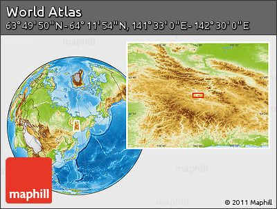 Physical Location Map of the Area around 64° 0' 52" N, 142° 1' 30" E