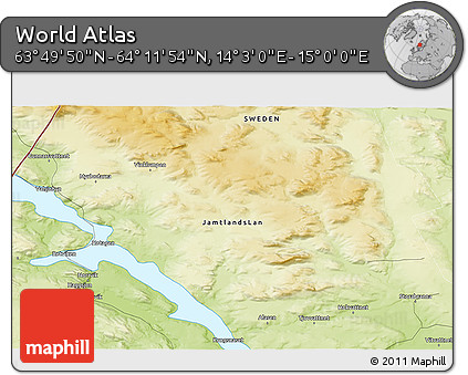 Physical 3D Map of the Area around 64° 0' 52" N, 14° 31' 30" E