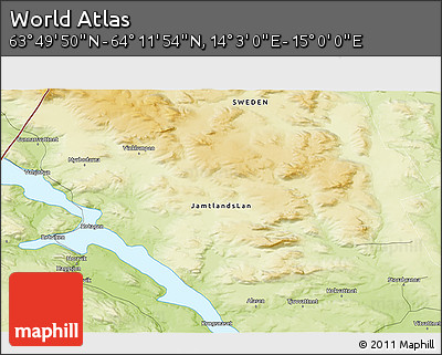 Physical 3D Map of the Area around 64° 0' 52" N, 14° 31' 30" E