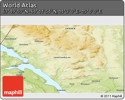 Physical 3D Map of the Area around 64° 0' 52" N, 14° 31' 30" E