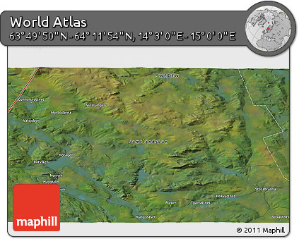Satellite 3D Map of the Area around 64° 0' 52" N, 14° 31' 30" E