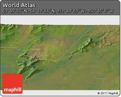 Satellite 3D Map of the Area around 64° 0' 52" N, 151° 13' 29" W