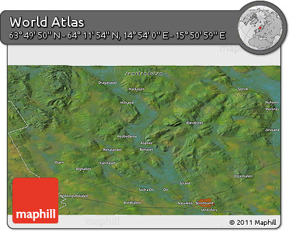 Satellite 3D Map of the Area around 64° 0' 52" N, 15° 22' 30" E