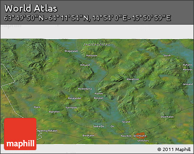 Satellite 3D Map of the Area around 64° 0' 52" N, 15° 22' 30" E