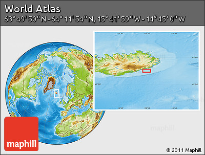 Physical Location Map of the Area around 64° 0' 52" N, 15° 13' 29" W