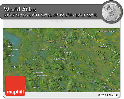 Satellite 3D Map of the Area around 64° 0' 52" N, 16° 13' 30" E