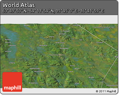 Satellite 3D Map of the Area around 64° 0' 52" N, 16° 13' 30" E