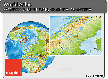 Physical Location Map of the Area around 64° 0' 52" N, 16° 13' 30" E