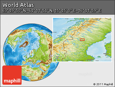 Physical Location Map of the Area around 64° 0' 52" N, 16° 13' 30" E