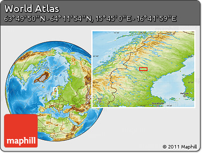 Physical Location Map of the Area around 64° 0' 52" N, 16° 13' 30" E