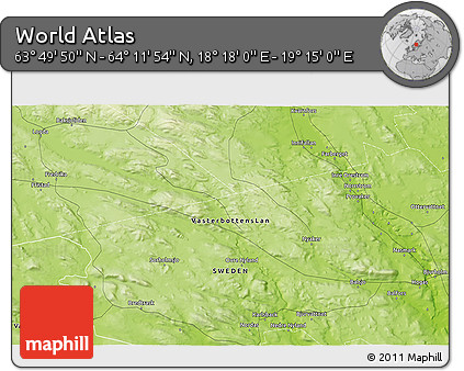 Physical 3D Map of the Area around 64° 0' 52" N, 18° 46' 29" E