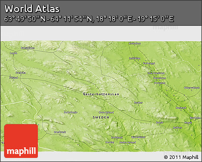 Physical 3D Map of the Area around 64° 0' 52" N, 18° 46' 29" E