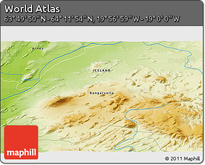 Physical 3D Map of the Area around 64° 0' 52" N, 19° 28' 30" W