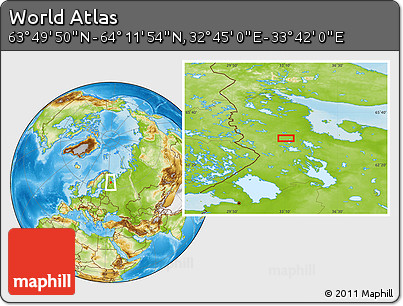 Physical Location Map of the Area around 64° 0' 52" N, 33° 13' 30" E