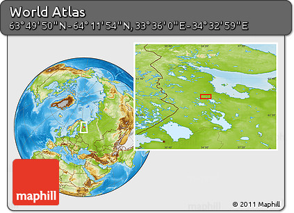 Physical Location Map of the Area around 64° 0' 52" N, 34° 4' 30" E