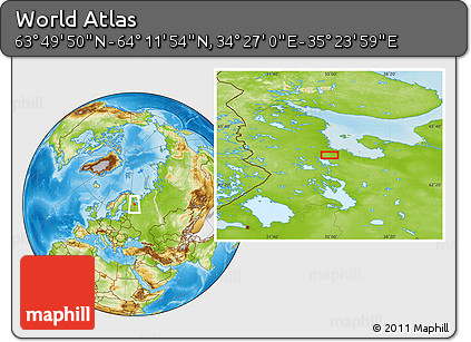 Physical Location Map of the Area around 64° 0' 52" N, 34° 55' 29" E