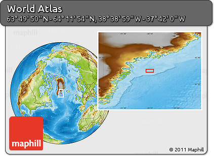 Physical Location Map of the Area around 64° 0' 52" N, 38° 10' 29" W