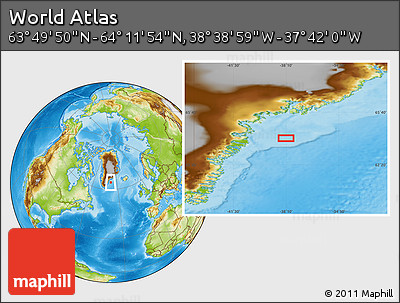 Physical Location Map of the Area around 64° 0' 52" N, 38° 10' 29" W