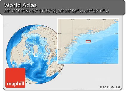 Shaded Relief Location Map of the Area around 64° 0' 52" N, 38° 10' 29" W