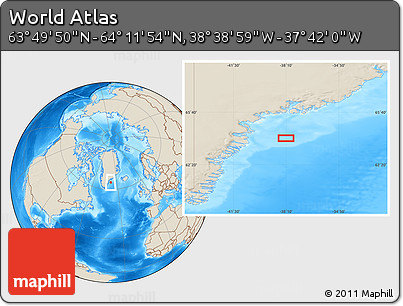 Shaded Relief Location Map of the Area around 64° 0' 52" N, 38° 10' 29" W