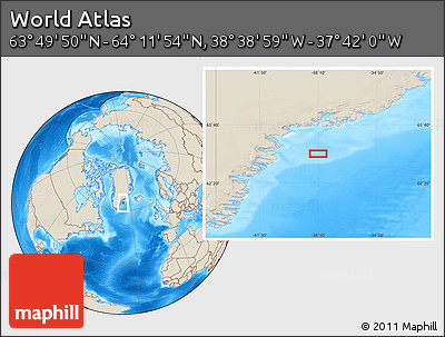 Shaded Relief Location Map of the Area around 64° 0' 52" N, 38° 10' 29" W