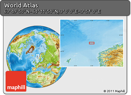 Physical Location Map of the Area around 64° 0' 52" N, 3° 28' 30" E