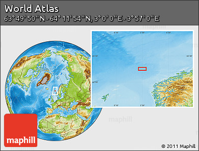 Physical Location Map of the Area around 64° 0' 52" N, 3° 28' 30" E