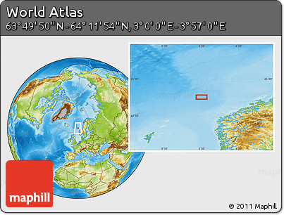Physical Location Map of the Area around 64° 0' 52" N, 3° 28' 30" E