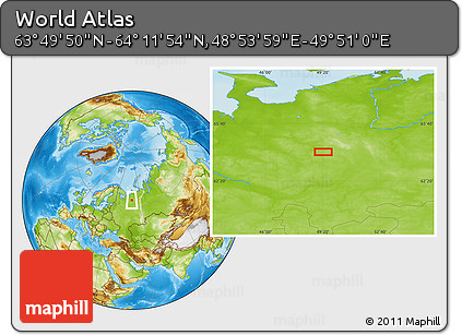 Physical Location Map of the Area around 64° 0' 52" N, 49° 22' 30" E