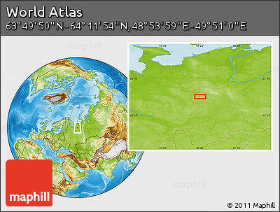 Physical Location Map of the Area around 64° 0' 52" N, 49° 22' 30" E